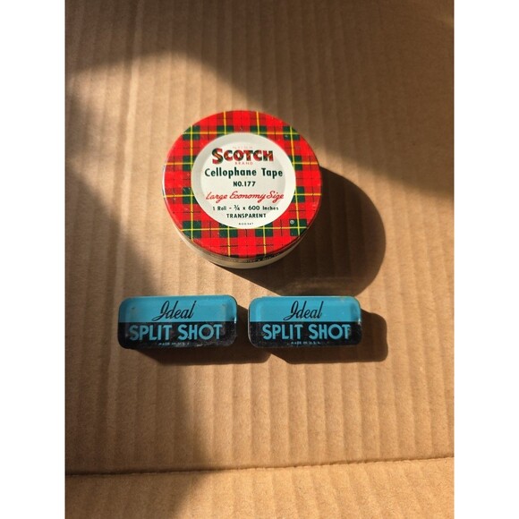 Vintage Ideal Split Shot Tins & Empty Scotch Cellophane Tape Tin Fishing Old - Picture 1 of 5